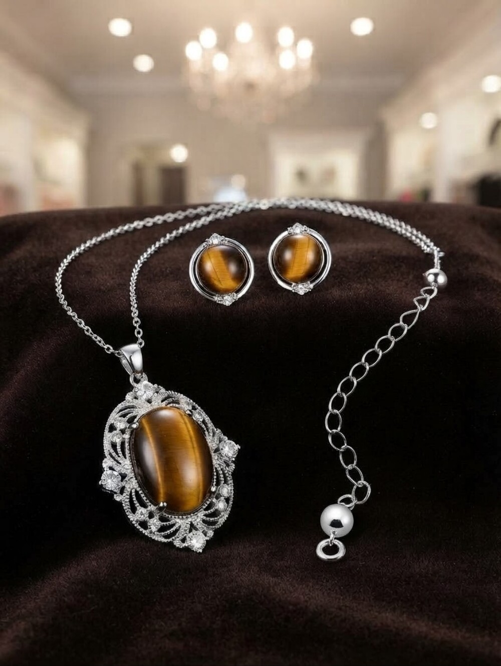 Vintage Style Tiger's Eye Gemstone Necklace And Earring Set Boho Chic CC